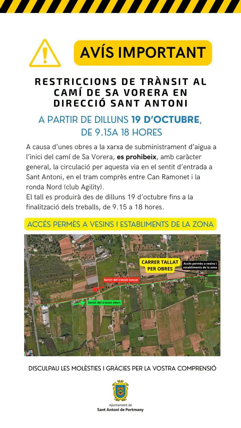 Sant Antoni anuncia cortes en el camí de sa Vorera por obras en la red de suministro de agua
