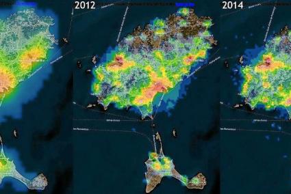 El aumento de la contaminación lumínica se puede apreciar en estos tres mapas.