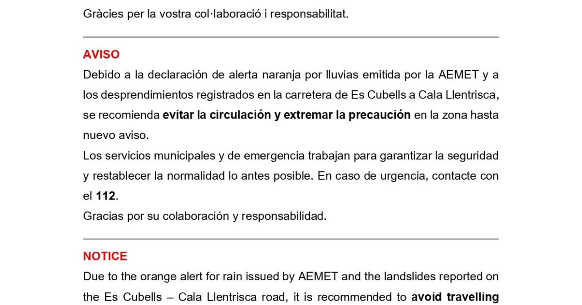 Piden máxima precaución a la hora de circular por una peligrosa carretera cortada en Ibiza